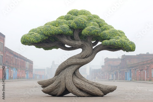 Beautiful twisted tree sculpture located in an urban area surrounded by old buildings and fog