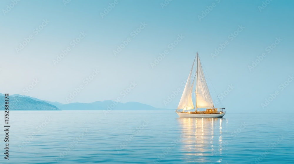 Obraz premium Sailboat on calm blue sea with soft light