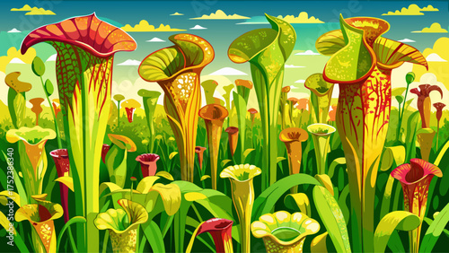 Very beautiful group of Sarracenia flava pitcher plants in Santa Rosa County, Florida, glowing under sunlight with vivid green and yellow tones.
