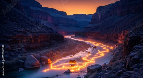 River flowing through a canyon with glowing light at sunset in grand canyon