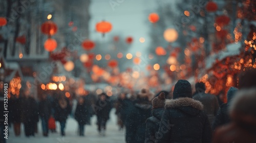 Wallpaper Mural Winter street celebration. People in winter coats. Lanterns and holiday decorations. Premium blurred background Torontodigital.ca