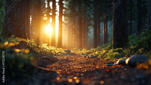 Fototapeta Naklejka Na Ścianę i Meble -  Beautiful landscape of a forest at sunrise or sunset. the sun is shining through the trees, creating a warm glow that illuminates the scene.