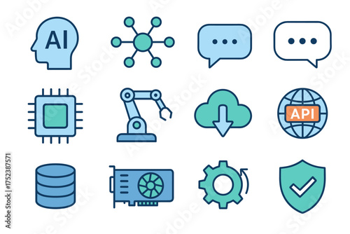 Tech icons symbolizing AI, automation, cloud computing, data, and cybersecurity, reflecting modern digital trends and innovation in machine learning, communication, and digital systems
