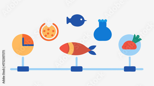A timeline graphic illustrating the cooking time for various types of proteinslike chicken fish and beefalongside suggested internal temperature guidelines.