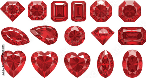 Red gemstone cut comparison, faceted shapes, jewelry design reference, gemology chart, vector illustration, brilliant stones