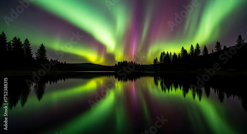 Aurora borealis reflecting in a still lake surrounded by silhouetted trees