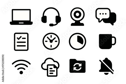 Icons representing remote work and communication tools, including laptop, headset, webcam, messaging, task lists, time tracking, Wi-Fi, cloud storage, and notifications, perfect for digital workflows