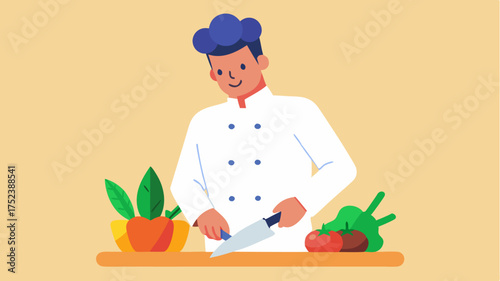 An elegant chef in a classic white jacket meticulously slicing a vibrant array of colorful vegetables on a wooden ting board.