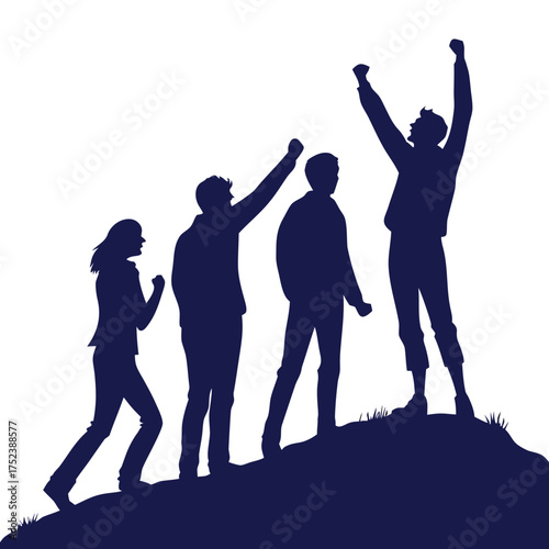 Silhouette of successful business team climbing hill to achieve goal together