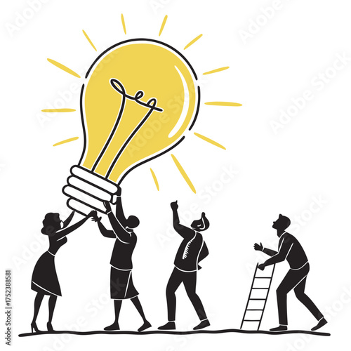 Teamwork and creativity concept, people holding a big light bulb