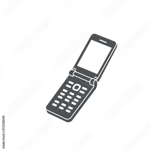 Monochrome vector icon of a vintage flip phone, a classic mobile communication device with an open screen and keypad