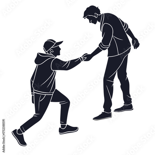 Man helping another man climb up