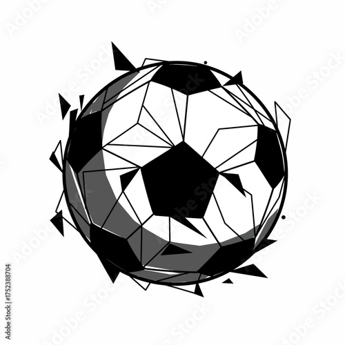 Abstract geometric soccer ball exploding with fragmented polygonal shapes