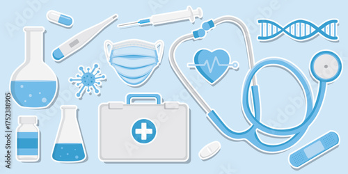 Flat vector illustration featuring hospital and medical equipment such as stethoscope, syringe, DNA, and first aid kit. Ideal for healthcare posters, hospital websites, and medical brochures.