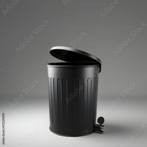 Black Rubbish Bin with Open Lid — Minimalist Design on Grey Background