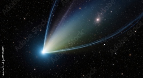 Bright comet streaking through the dark expanse of space with a glowing tail