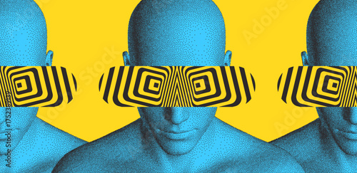 Three unknown people shoulder to shoulder. An eccentric image. Hypnotic glasses. An unusual accessory. A psychedelic vision. Anonymous social disguise. Illustration for brochure, poster, cover,  flyer
