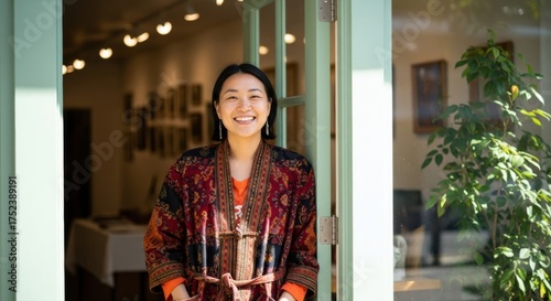 Smiling entrepreneur welcomes customers to her vibrant shop with a joyful expression, creating a warm and inviting atmosphere for all who enter