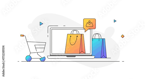 Creative vector illustration representing the concept of online shopping, featuring a laptop with colorful shopping bags and a cart for e-commerce