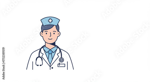 Nurse illustration featuring a smiling healthcare professional in a white coat and blue scrubs, wearing a stethoscope, representing compassion and care in the medical field with copy space	