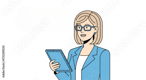 Professional woman in blue blazer holding tablet, wearing glasses, smiling while engaging with technology, showcasing modern business communication and digital interaction	