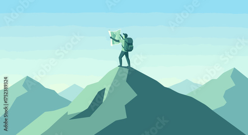 Adventurous hiker stands atop mountain peak, studying map for navigation.