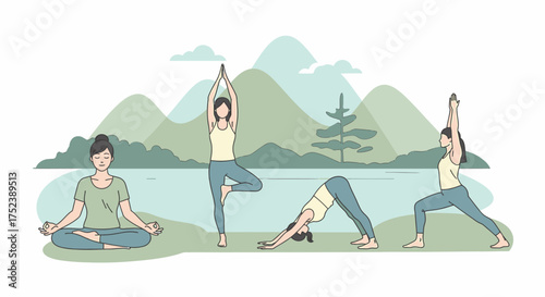 Collection of women practicing different yoga poses illustration.