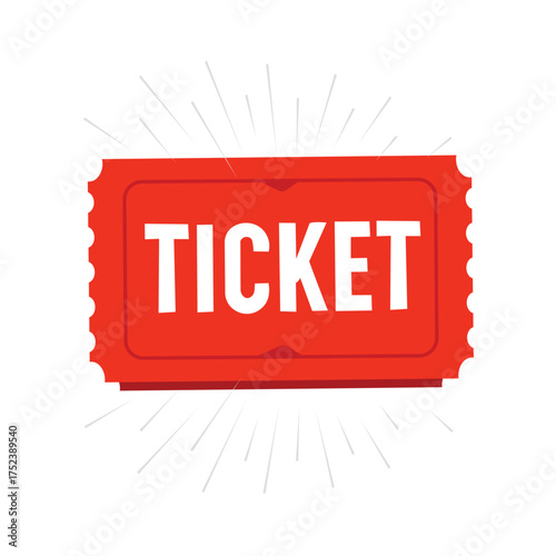 Red ticket isolated on white background featuring bold white text and a burst design for a promotional event or special occasion