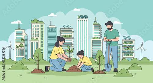 Family Planting Trees in Urban Environment for Sustainability.
