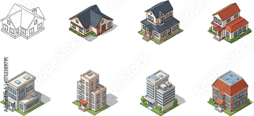 Isometric modern house and building vector set, architectural home illustration collection, urban residential and commercial real estate design icons
