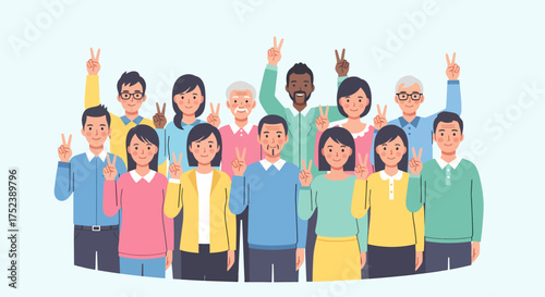 Happy multiethnic group of men and women showing peace signs.