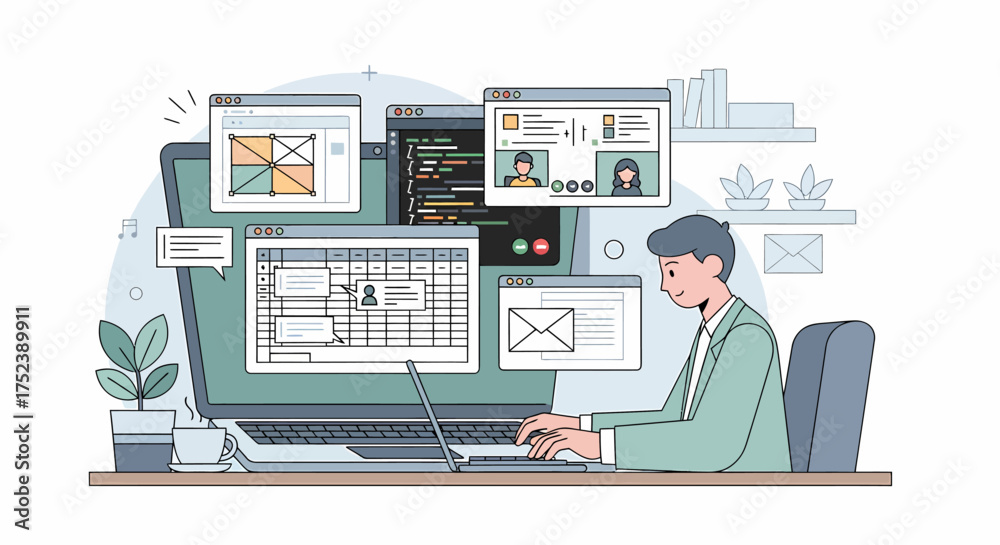 Fototapeta premium Man Working at Computer with Multiple Screens and Applications.