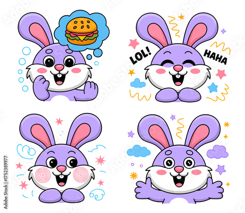 Four cute cartoon purple bunnies expressing various emotions like hunger, laughter, happiness, and giving a thumbs-up gesture.