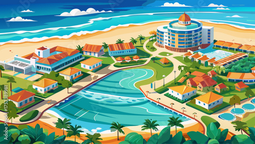 Very beautiful aerial view of Hammock Beach in Palm Coast, Florida, showing turquoise waters, white sand, and resort buildings along the coastline.
