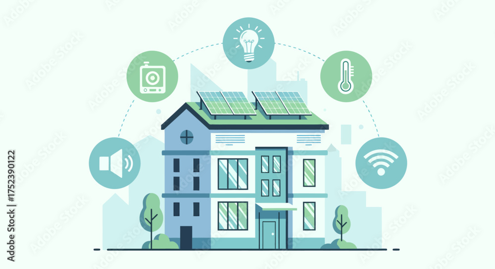 Fototapeta premium Smart Home Automation System with Solar Panels and Connected Devices.