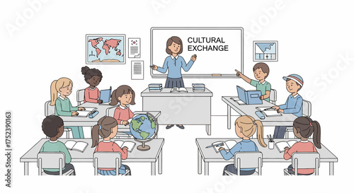 Teacher leading a cultural exchange lesson for diverse students in a classroom.