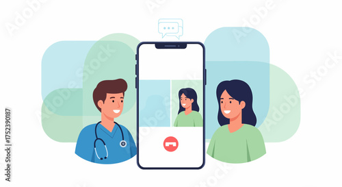 Telemedicine consultation with doctor and patient on smartphone screen.