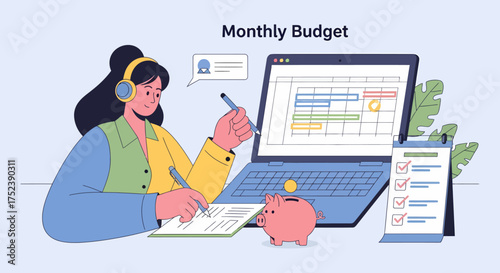 Woman Planning Monthly Budget with Laptop and Piggy Bank.