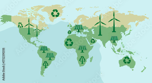 World Map Illustrating Sustainable Green Energy Solutions.
