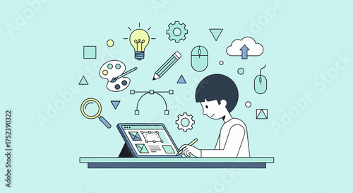 Young male artist focused on digital illustration work on a tablet.