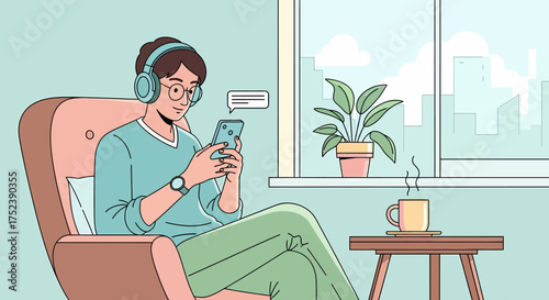 Young man with headphones and glasses relaxing while using a smartphone.
