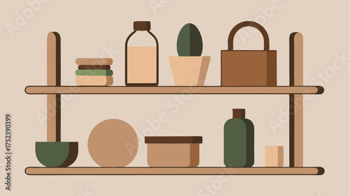 A minimalistic shelf displaying a collection of sustainable accessories made from natural materials like wood bamboo and cork against a neutral background.