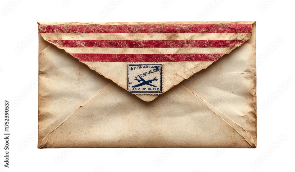 Fototapeta premium Old, aged envelope with red stripes and a stamp, hinting at airmail postage