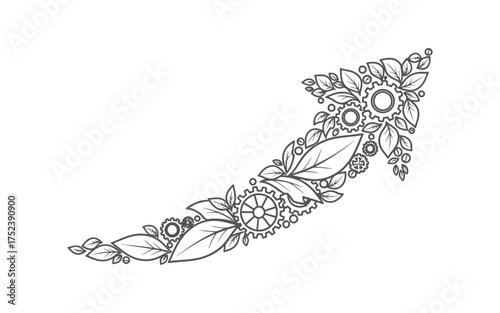Arrow with Leaves and Gears growth progress technology nature machine mechanical upward direction symbol design vector illustration