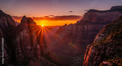 Dramatic sunset over Zion National Park casting light on the canyon walls