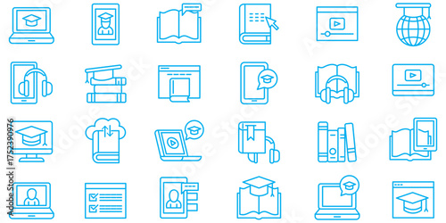 
Digital learning icons representing education, technology and online resources for modern students and teachers