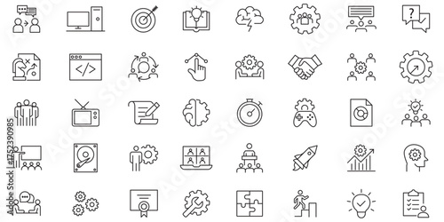 Workshop icon set. Containing team building, training, coaching, teamwork, meeting, managing, coaching, motivation and more. Editable stroke. vector illustration