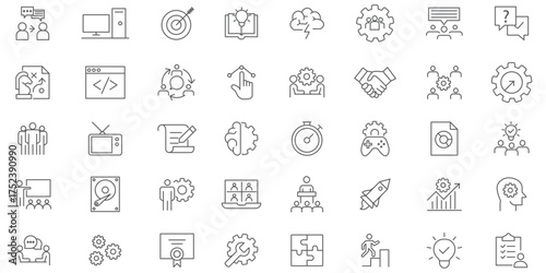 Workshop icon set. Containing team building, training, coaching, teamwork, meeting, managing, coaching, motivation and more. Editable stroke. vector illustration