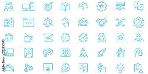 Workshop icon set. Containing team building, training, coaching, teamwork, meeting, managing, coaching, motivation and more. Editable stroke. vector illustration