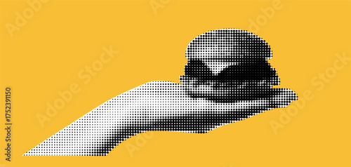 A hand collage holding a sandwich and burger with a halftone for a fast food or retro pop art poster.
